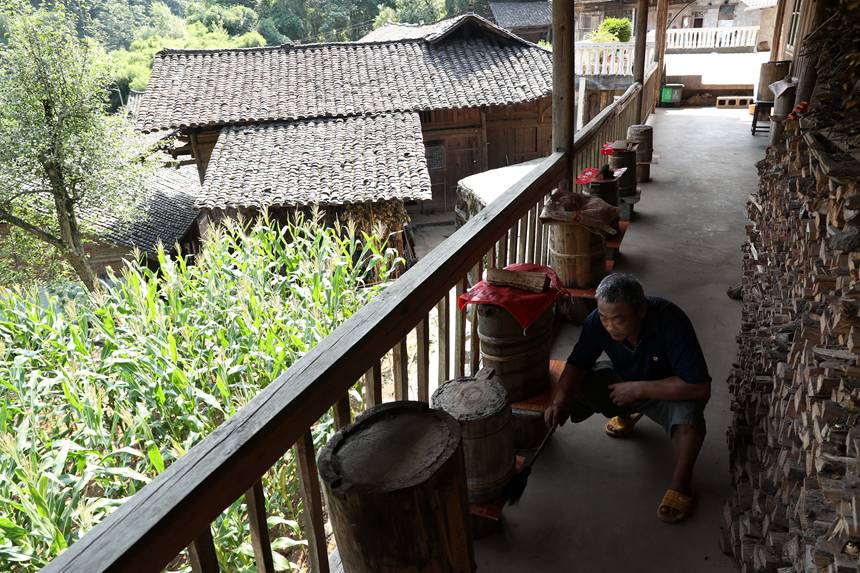 小寨居民打理家門口的蜂桶。楊敏攝