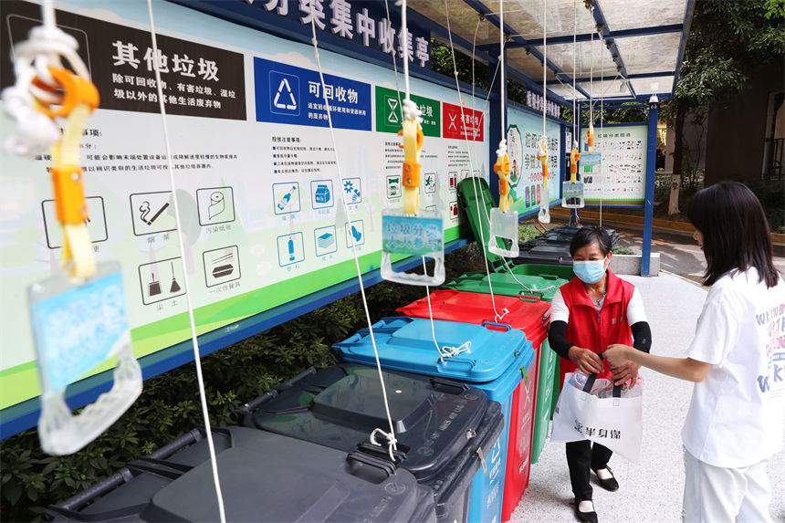 在當(dāng)?shù)厍堦栮P(guān)國際小區(qū)垃圾分類集中收集亭，垃圾分揀員（左）指導(dǎo)市民垃圾分類。楊敏攝