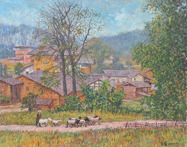 楊賢藝創(chuàng)作的油畫作品《大順泡桐樹民居》。王琦美術(shù)博物館供圖