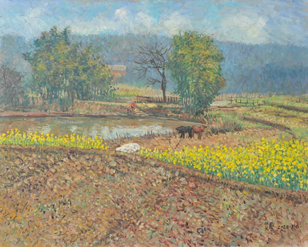 楊賢藝創(chuàng)作的油畫作品《藺市五馬小景》。王琦美術(shù)博物館供圖