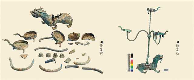 辟邪座青銅連枝燈修復(fù)前后對(duì)比。(重慶中國(guó)三峽博物館供圖)