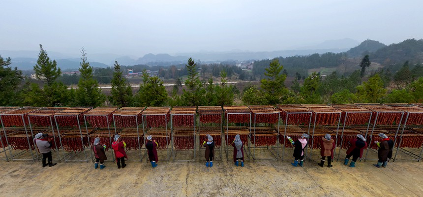 村民在寒風(fēng)中忙晾曬。?冉孟軍攝