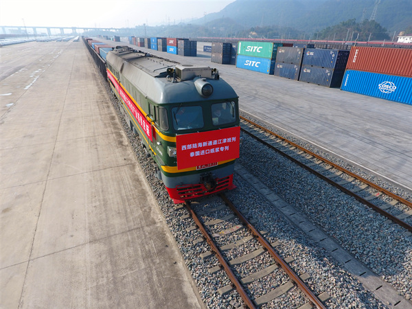 兔年首班西部陸海新通道江津班列泰國進(jìn)口紙漿專列順利抵達(dá)小南埡鐵路物流中心。江津區(qū)委宣傳部供圖