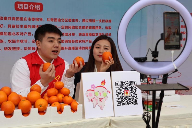 活動中，青年志愿者開展助農(nóng)直播。渝北區(qū)委宣傳部供圖