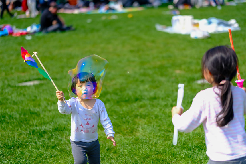 小朋友在草坪上嬉戲玩耍。郭旭攝