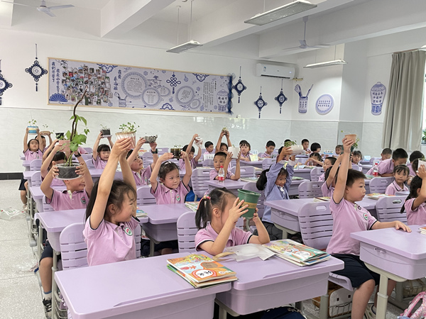 玉帶山小學(xué)一年級(jí)新生正在展示各自的種植成果。晏紅霞攝