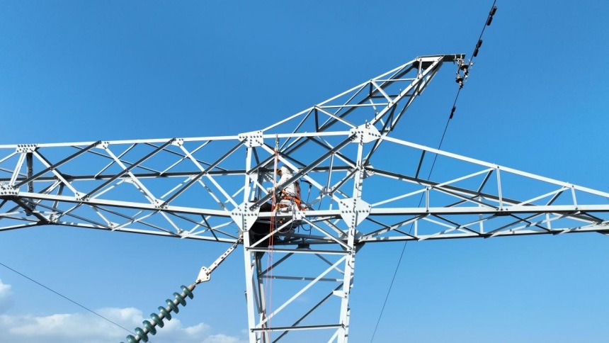 運維人員正將鳥巢固定在鐵塔上。張弛攝