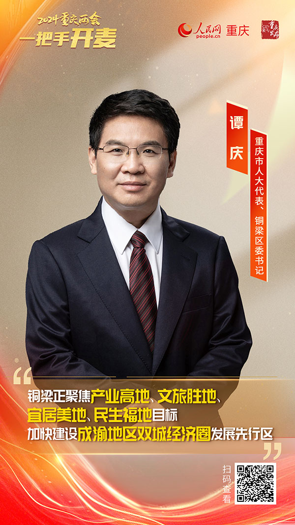                譚 慶                重慶市人大代表、銅梁區(qū)委書記                                            銅梁奮力打造成渝中部產(chǎn)業(yè)新高地                                           2024重慶兩會期間，重慶市人大代表、銅梁區(qū)委書記譚慶在接受人民網(wǎng)專訪時表示，銅梁區(qū)確定了新一年全區(qū)的地區(qū)生產(chǎn)總值增長6.5%以上的年度工作目標，全力推進改革、開放、科技、創(chuàng)新和人才工作，加快建設成渝地區(qū)雙城經(jīng)濟圈發(fā)展先行區(qū)，奮力打造成渝中部產(chǎn)業(yè)新高地。                [ 查看詳情 ]              