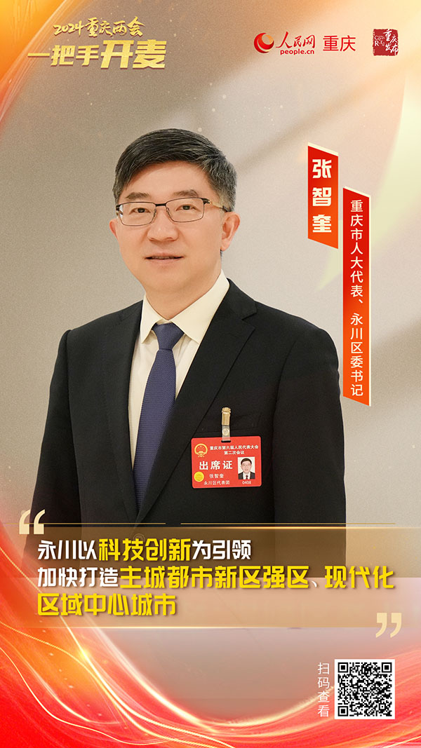                張智奎                重慶市人大代表、永川區(qū)委書記                                            永川以科技創(chuàng)新為引領 加快打造現(xiàn)代化區(qū)域中心城市                                           2024重慶兩會期間，重慶市人大代表、永川區(qū)委書記張智奎在接受人民網(wǎng)專訪時表示，永川區(qū)將以科技創(chuàng)新為引領，加快打造主城都市新區(qū)強區(qū)、現(xiàn)代化區(qū)域中心城市。                [ 查看詳情 ]              