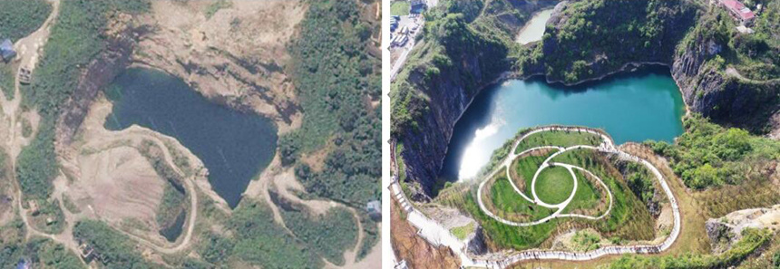 銅鑼山礦區(qū)生態(tài)修復(fù)前（左）后（右）對(duì)比（資料圖）。渝北區(qū)規(guī)劃和自然資源局供圖