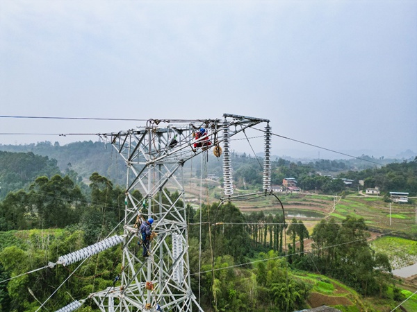 電力工人在距地40米高的輸電鐵塔上作業(yè)。國(guó)網(wǎng)重慶永川供電公司供圖
