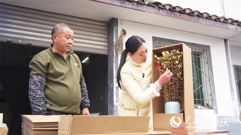 鄧紀(jì)會(huì)正在檢查制作完成的蠟梅花束。人民網(wǎng)記者 劉祎攝