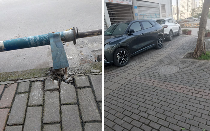 隔離欄桿破損后，導(dǎo)致機動車駛上人行道。網(wǎng)友供圖
