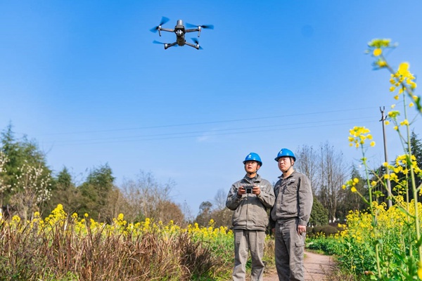 電力人員利用無(wú)人機(jī)巡檢線路。國(guó)網(wǎng)重慶永川供電公司供圖