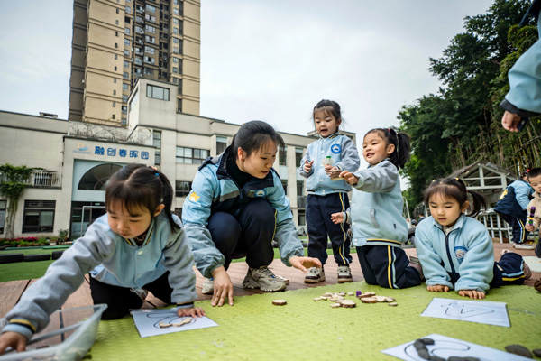 自然物創(chuàng)意拼搭。大渡口幼兒園供