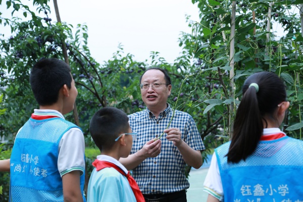 景翔小學黨支部書記肖幫林為學生講解豇豆的生長過程。張源攝