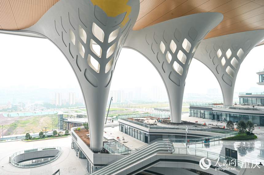 重慶東站站房東西主入口，40根樹型柱呈現(xiàn)出重慶市樹黃桷樹堅韌挺拔的姿態(tài)。人民網(wǎng) 鄒樂攝