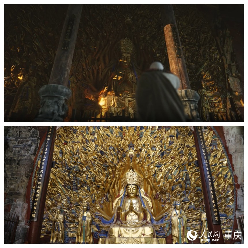 上圖為《黑神話：悟空》游戲截圖，下圖為現(xiàn)實(shí)中的千手觀音。人民網(wǎng) 曹欣悅攝