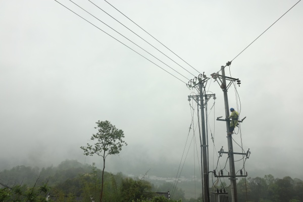    國網(wǎng)武隆供電公司員工雨后搶修10千伏平鳳線鳳石支線4號桿上受損的引流線。夏夢潞攝