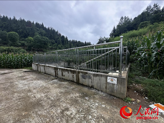 出現(xiàn)滲漏的洞口村高標準農(nóng)田1號蓄水池。人民網(wǎng)記者 游天燚攝