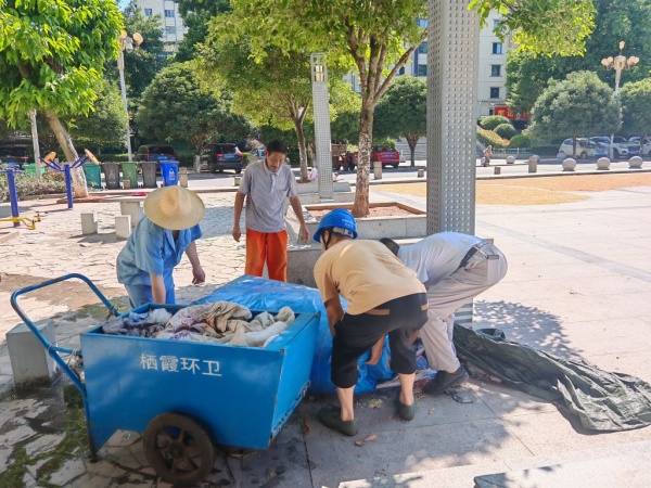 社區(qū)黨員與環(huán)衛(wèi)工人一同進(jìn)行社區(qū)環(huán)境治理。棲霞鎮(zhèn)供圖