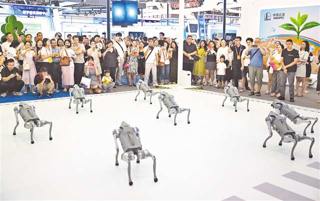 9月5日，重慶國際博覽中心中央大廳綜合展區(qū)，機器狗整齊跳舞吸引了眾多觀眾觀看。首席記者 龍帆 攝/視覺重慶