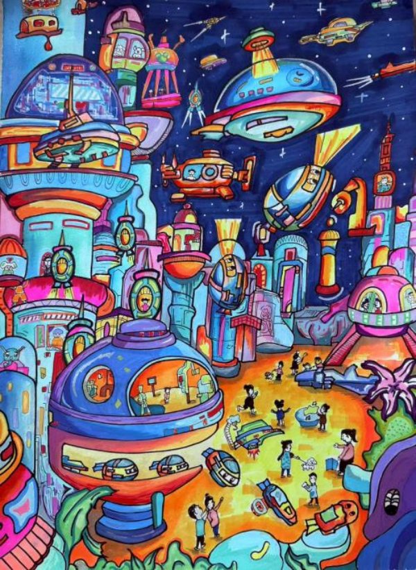 南坪實驗外國語小學(xué)校馮詩棋的繪畫作品《我們的未來城》。主辦方供圖