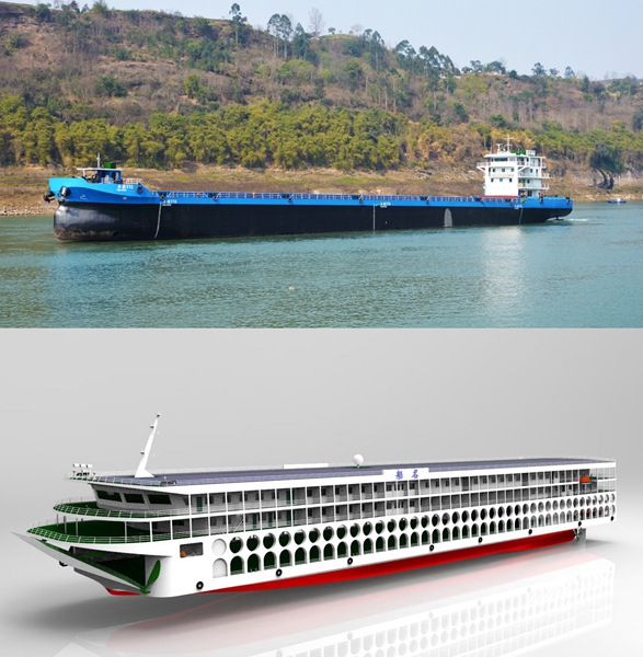 永盛實(shí)業(yè)船舶更新前后對(duì)比圖（上為傳統(tǒng)游船，下為擬建新能源客滾船設(shè)計(jì)圖）。恒豐銀行重慶分行供圖 第1眼TV-華龍網(wǎng)發(fā)