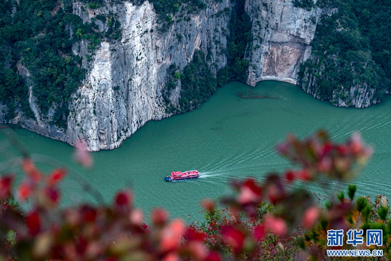 紅葉映江，山隨船動(dòng)，每一片紅葉都藏著秋冬的深情。新華網(wǎng)發(fā)（簡(jiǎn)毅 攝）